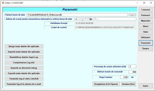 Parametrii aplicației LSOrders